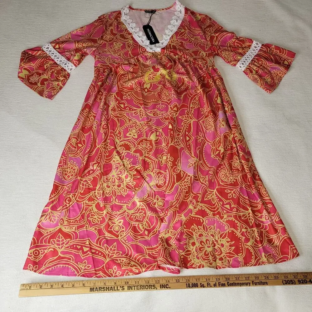 Noracora Dress Womans Small Lagenlook Flower Pink Lacey Cottagecore Boho Grandma